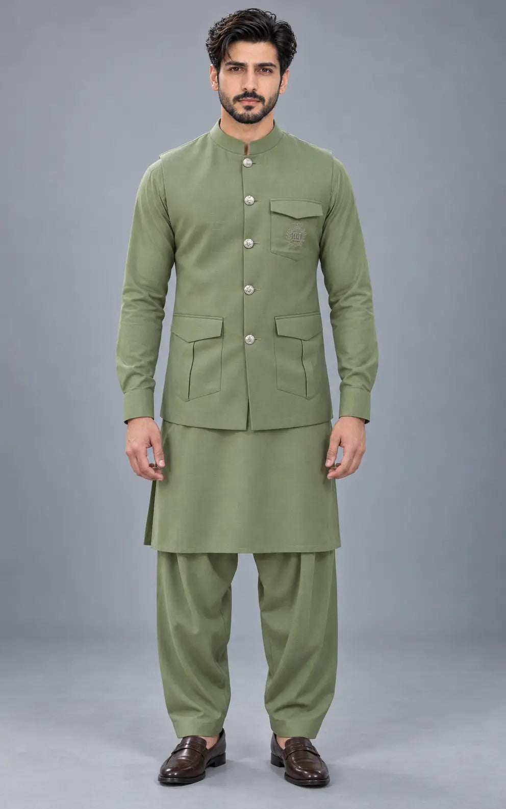 Olive Green Customized Shalwar Kameez Suit with Fabric Last Option