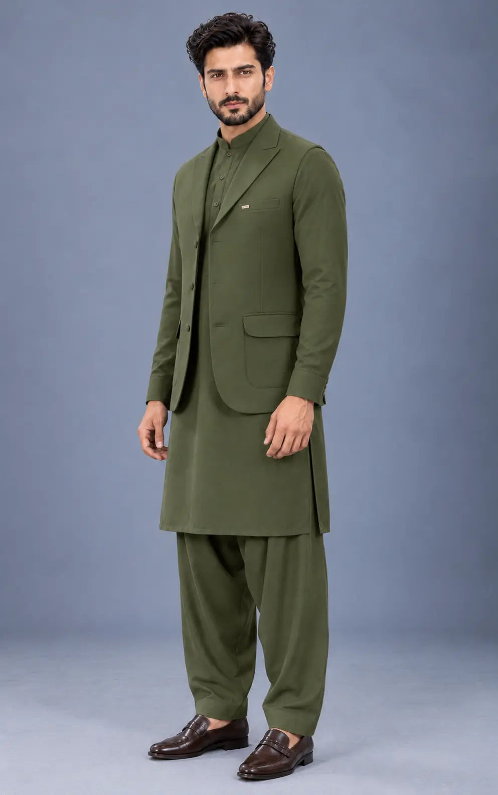 Dark Olive Green Customized Shalwar Kameez Suit with Fabric Last Option