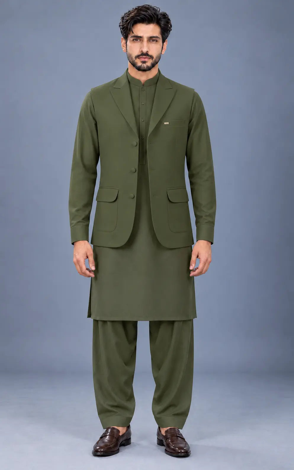 Dark Olive Green Customized Shalwar Kameez Suit with Fabric Last Option