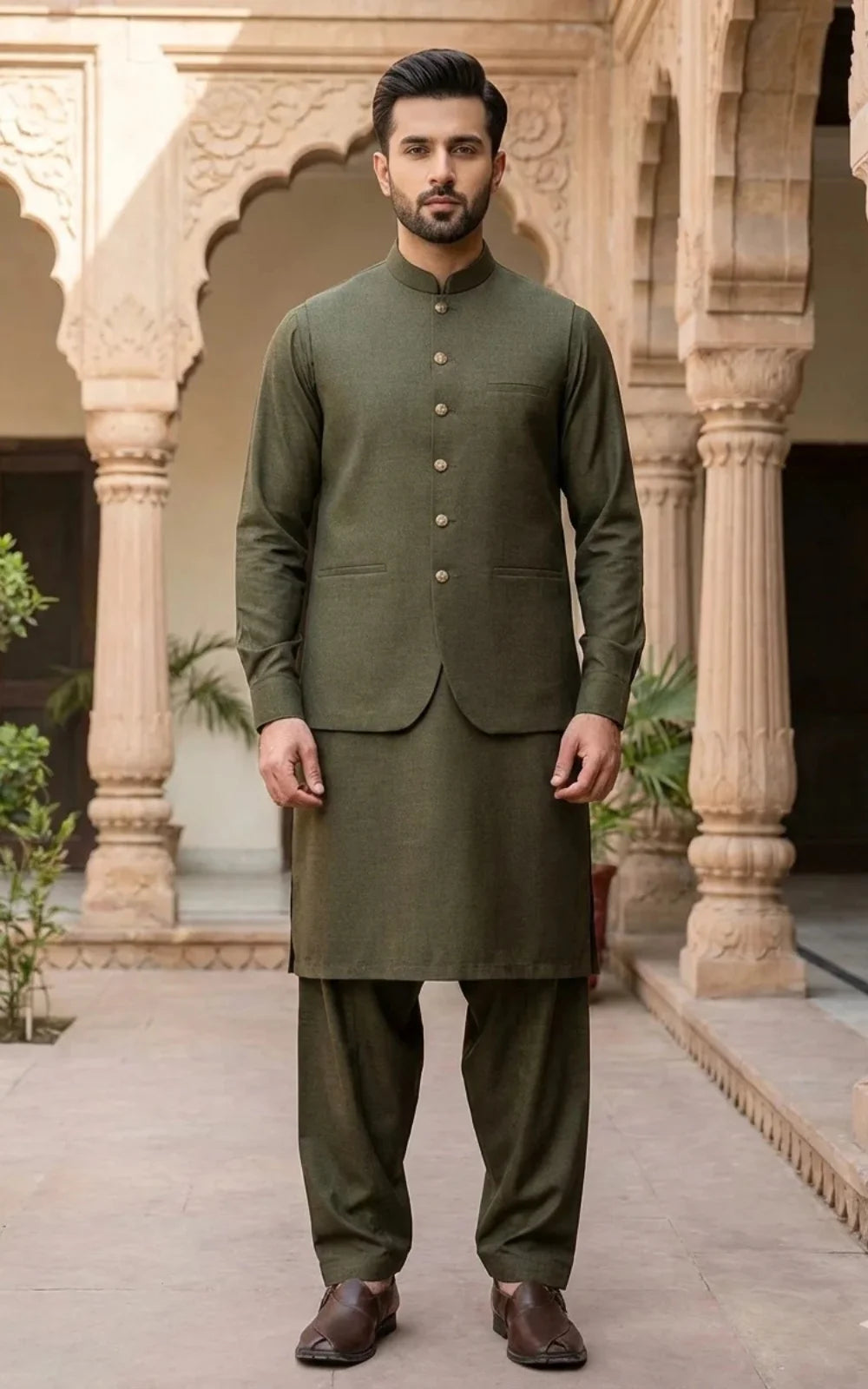 Olive Green Shalwar Kameez with Waistcoat
