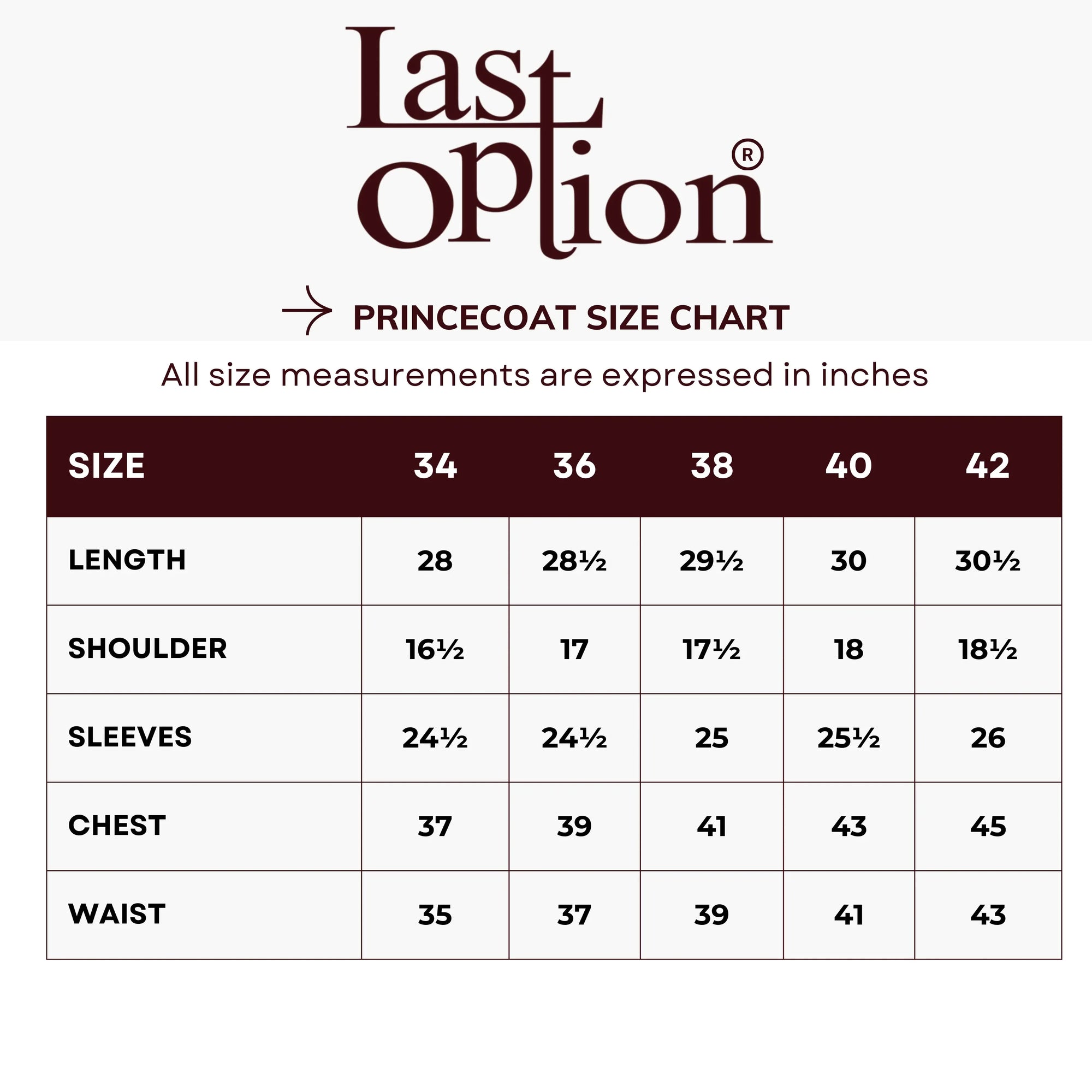 Size chart for Beige Leaf Pattern Self-Embossed Prince Coat