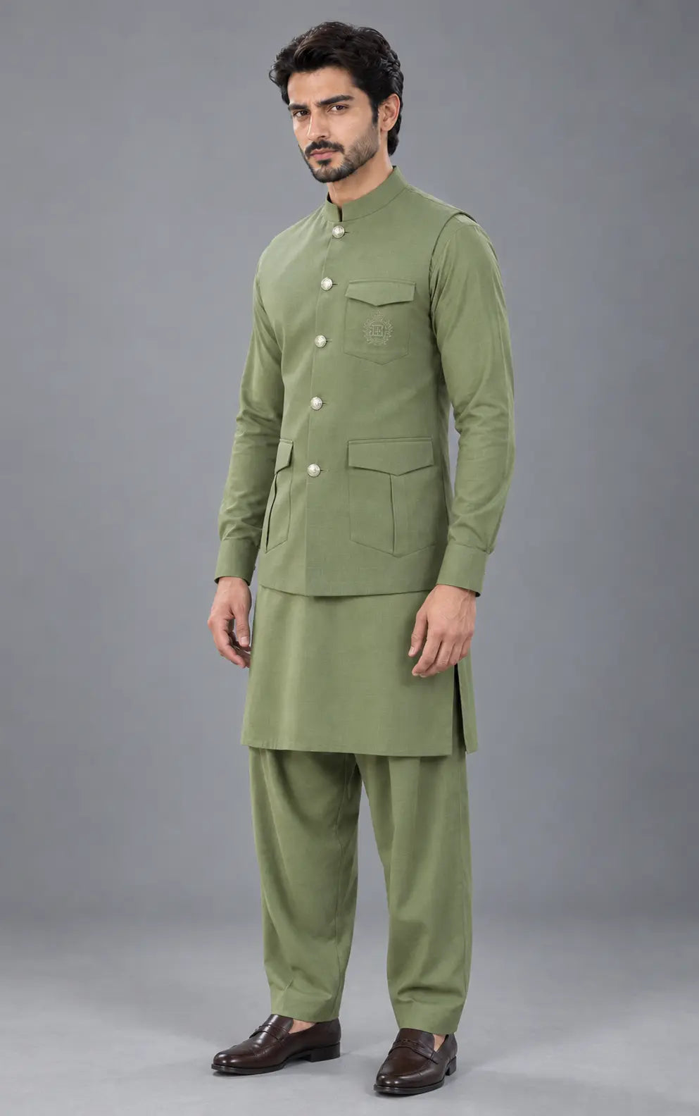 Olive Green Customized Shalwar Kameez Suit with Fabric Last Option