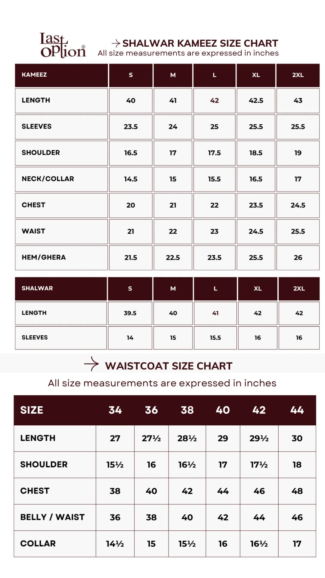 Size chart for Dark Green Shalwar Kameez with Waistcoat