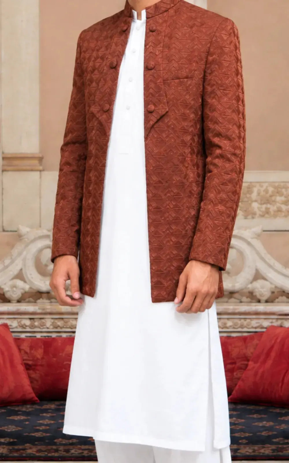 Brown Textured Embroidered Open Coat Last Option