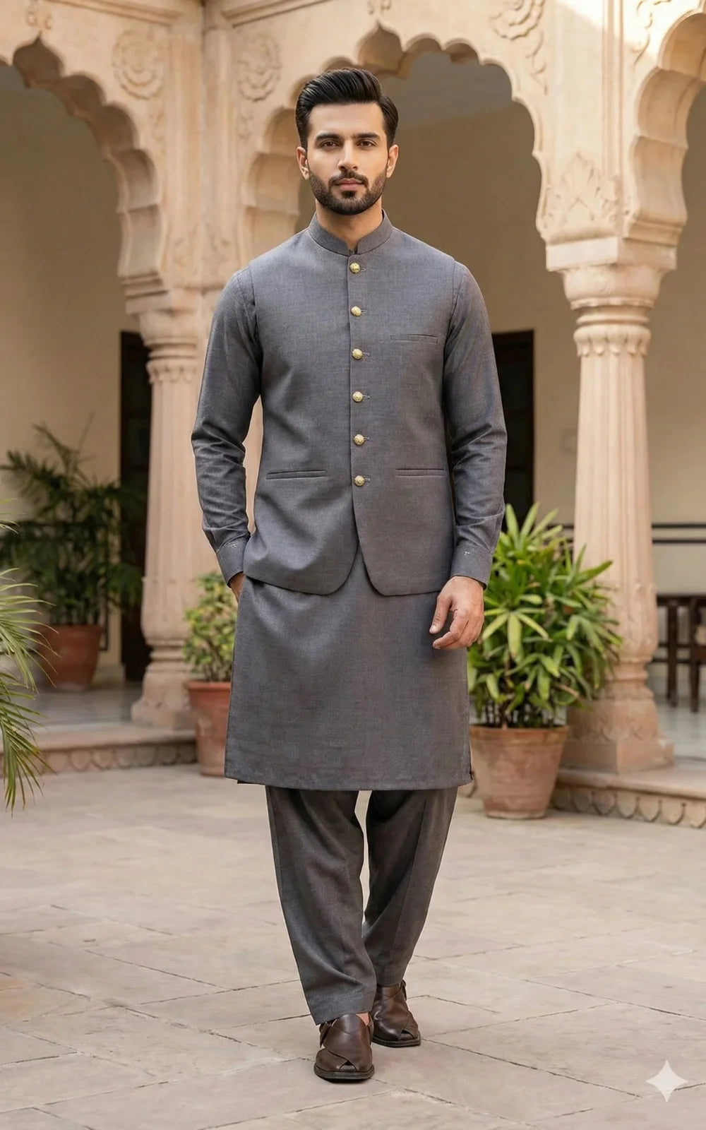 Worsted Grey Shalwar Kameez with Waistcoat