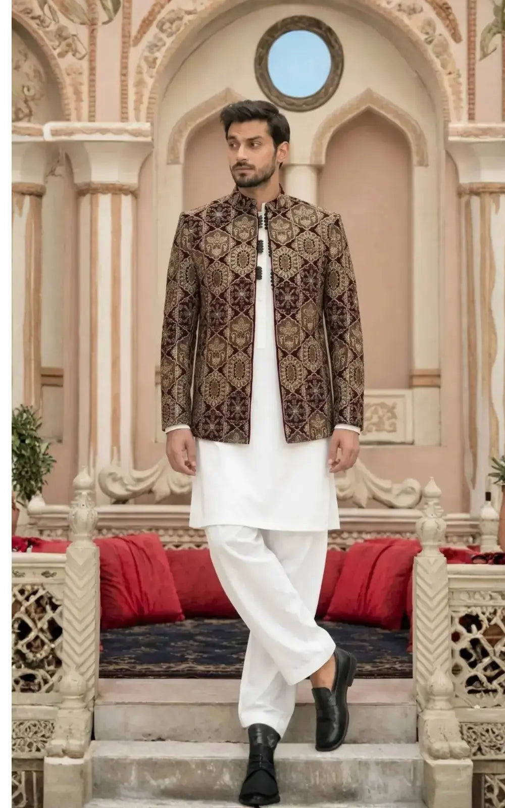 Maroon Velvet Embellished Open Prince Coat Last Option