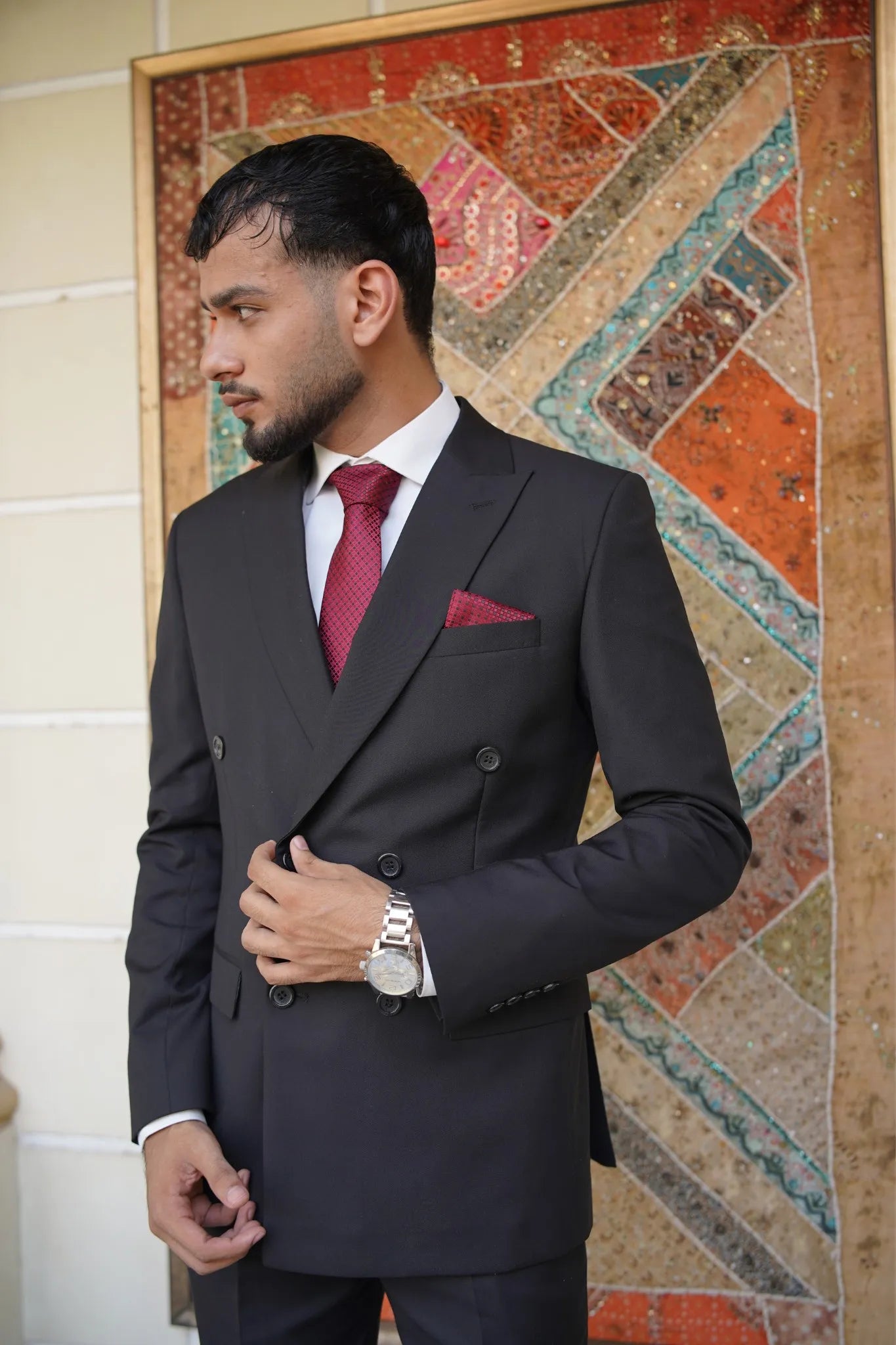Double Breasted Charcoal Black 2 Piece Formal Suit
